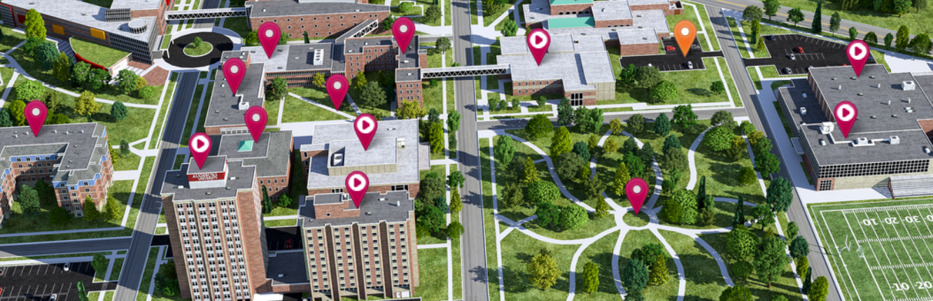Aerial photo of Augsburg's campus with dots to show buildings